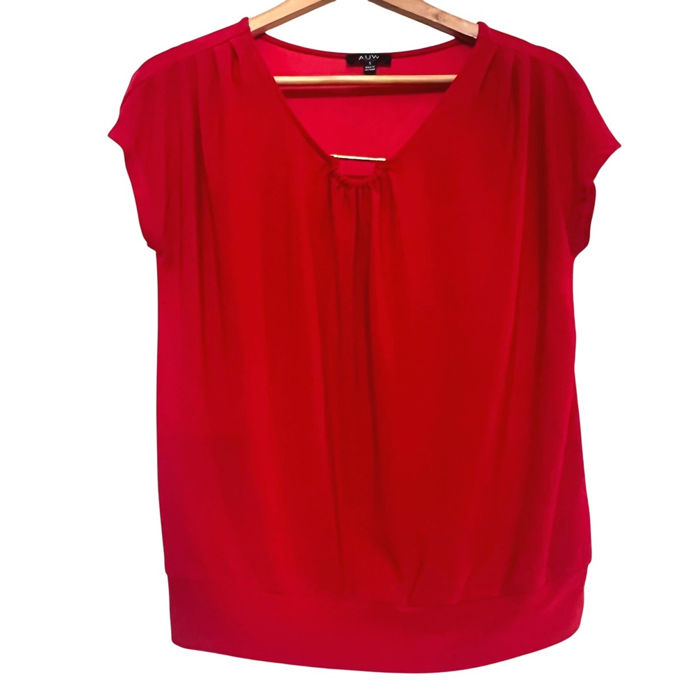 A.U.W. Womens Red V-Neck Short Sleeve Blouse Top Small
